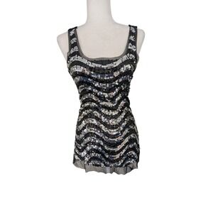 Wildcat Women's S Sequin Tank Top Black Silver Wavy Mesh Party Clubwear